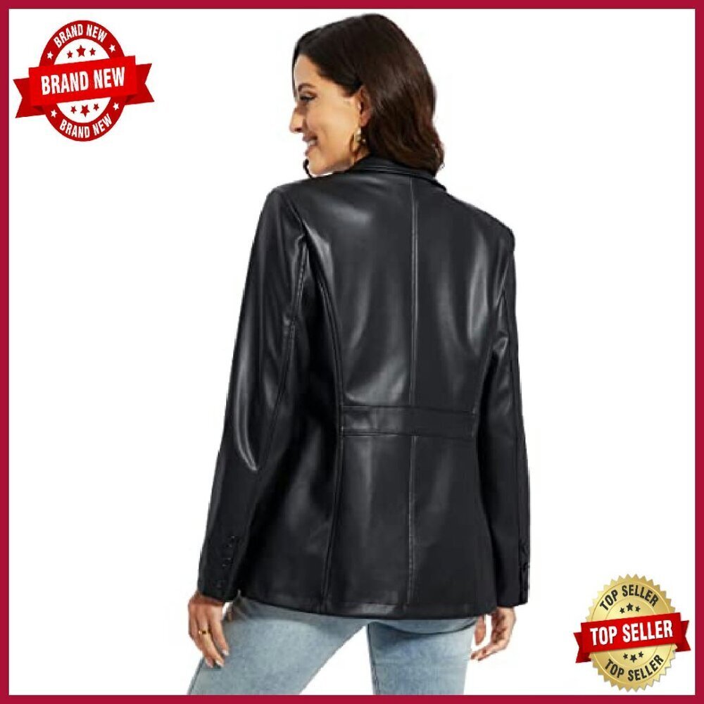 Oversized Faux Leather Blazer Jacket Moto Biker Coat Vegan Pleather - Picture 6 of 7